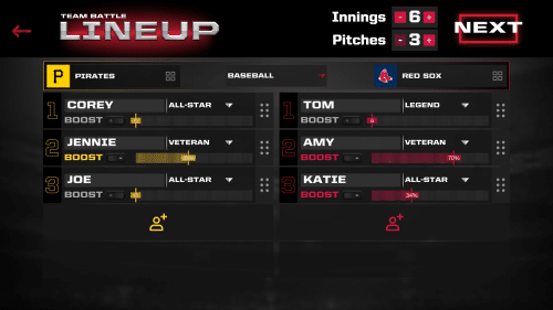 A screenshot of the team battle line ups. 