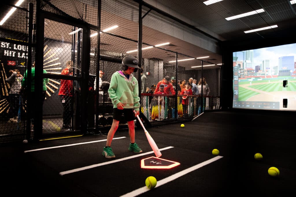 A Rawlings customer hitting in the new HitTrax Suite. 