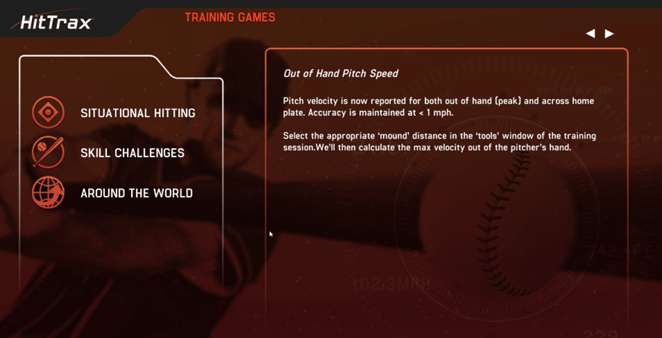 A screenshot of the training games available in HitTrax. 